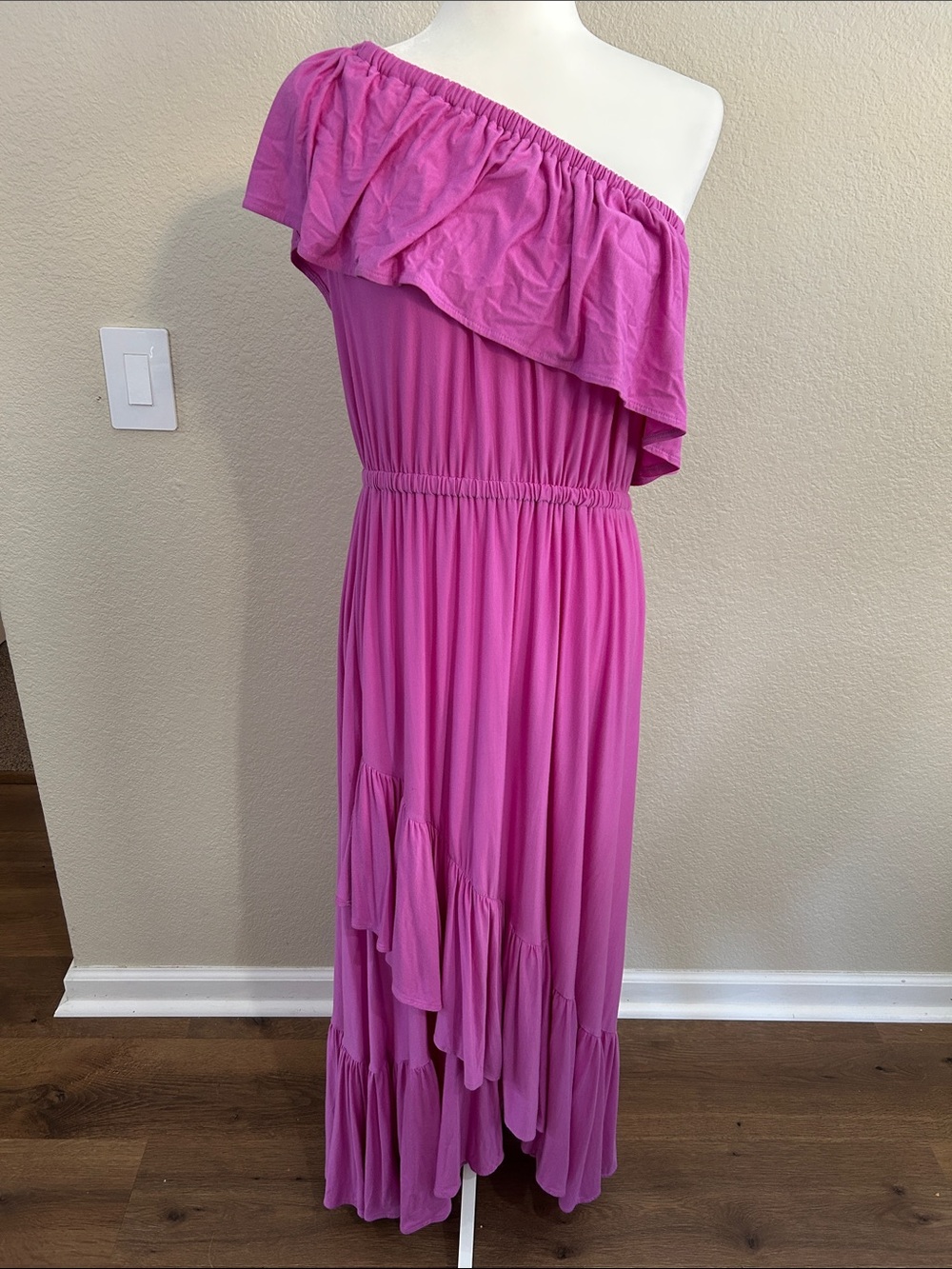 One-Shoulder Ruffle Maxi in Fuschia